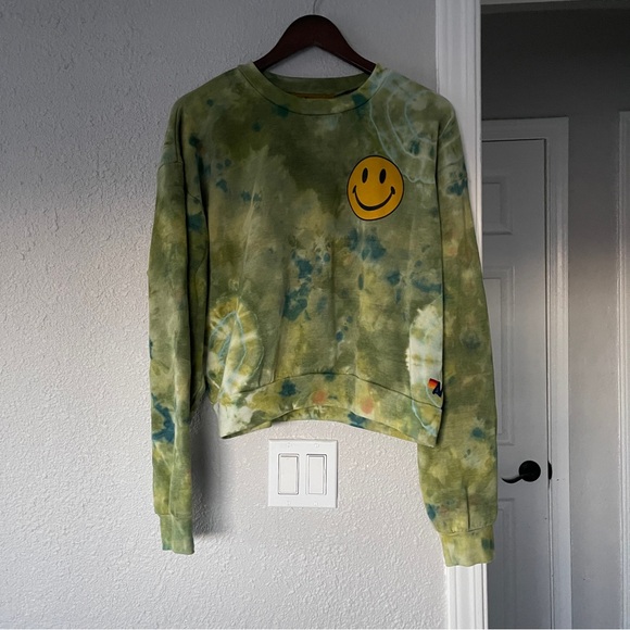 Aviator Nation Green and Yellow Tie-Dye Smiley Crop crewneck sweatshirt S - Picture 3 of 11